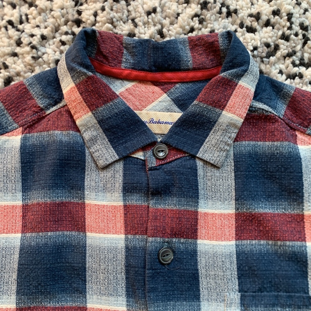 Tommy Bahama 100% Silk Shirt Blue Red Plaid Short Sleeve Button Up Men's Medium - Picture 6 of 15